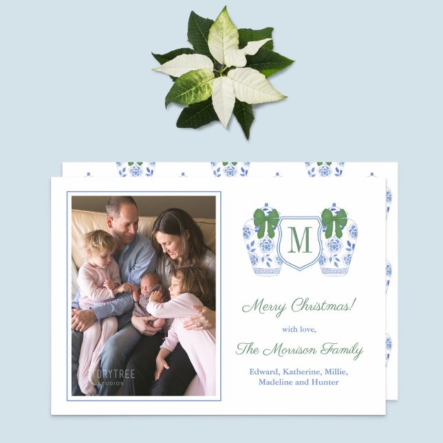Cartes Pour Fêtes Annuelles Monogramme Green Blue Ginger Jars Photos de famill (Elegant Monogram Green Blue Ginger Jars Family Photo Christmas Card)