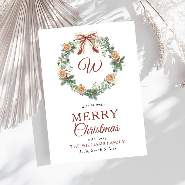 Cartes Pour Fêtes Annuelles Monogramme Oranges de Noël Wreath Bow Sans photo (Créateur téléchargé)