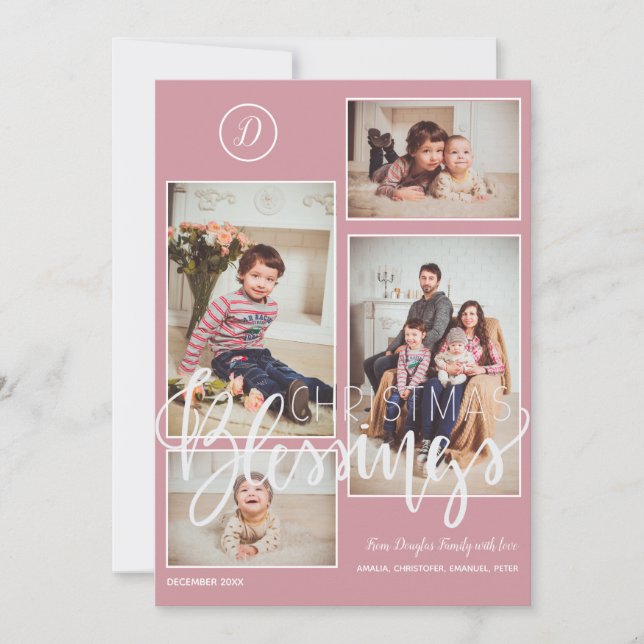Cartes Pour Fêtes Annuelles Monogramme photo collage de Noël rose pâle (Devant)