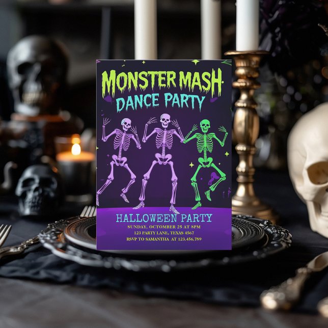 Cartes Pour Fêtes Annuelles Monster Mash Dance Party | Neon Skeleton (Créateur téléchargé)