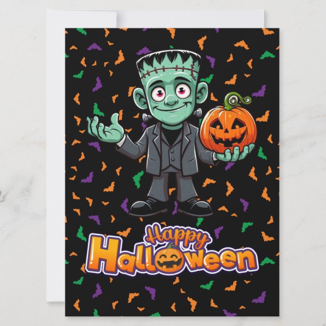 Cartes Pour Fêtes Annuelles Monstre du mignon Frankenstein avec chauve-souris/ (Devant)