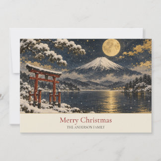 Cartes Pour Fêtes Annuelles Mont Fuji Torii Rouge Lune Dorée Neige Nom de Fami