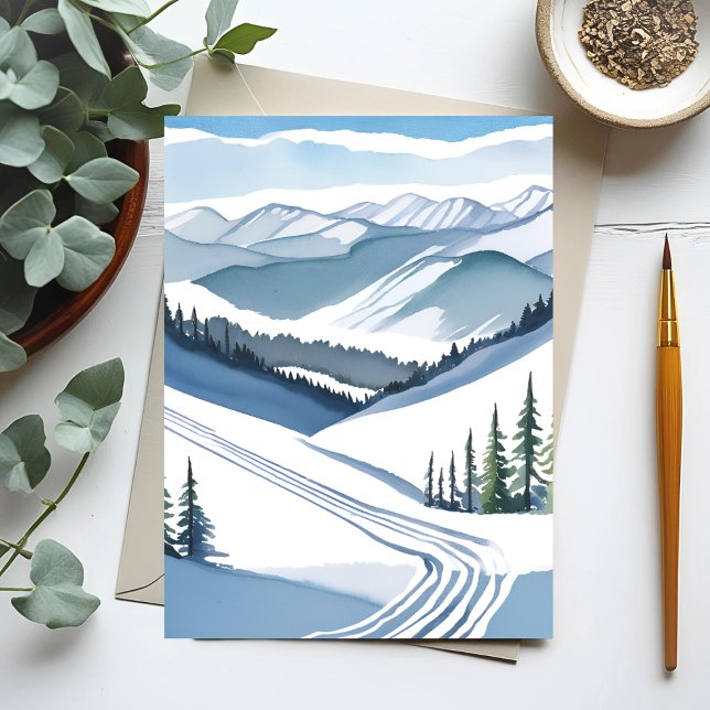 Cartes Pour Fêtes Annuelles Montagne de ski aquarelle (Créateur téléchargé)