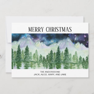 Cartes Pour Fêtes Annuelles Montagnes de pins couverts de neige la nuit