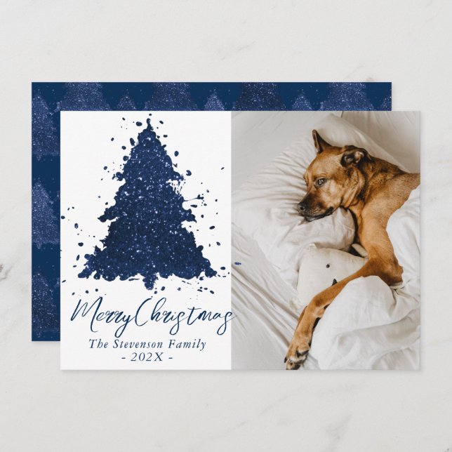 Cartes Pour Fêtes Annuelles Moody Joyeux Noël | Classy Navy Blue Photo (Devant / Derrière)