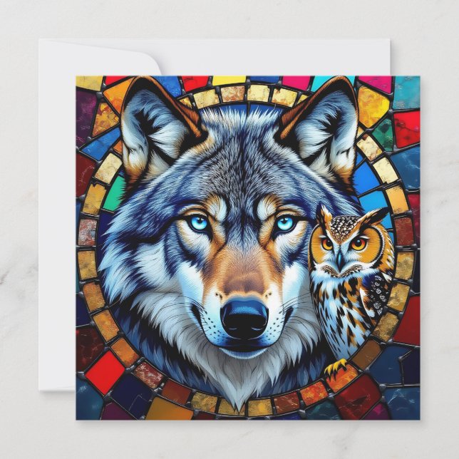 Cartes Pour Fêtes Annuelles Mosaic Style Owl and Wolf | Blank (Devant)