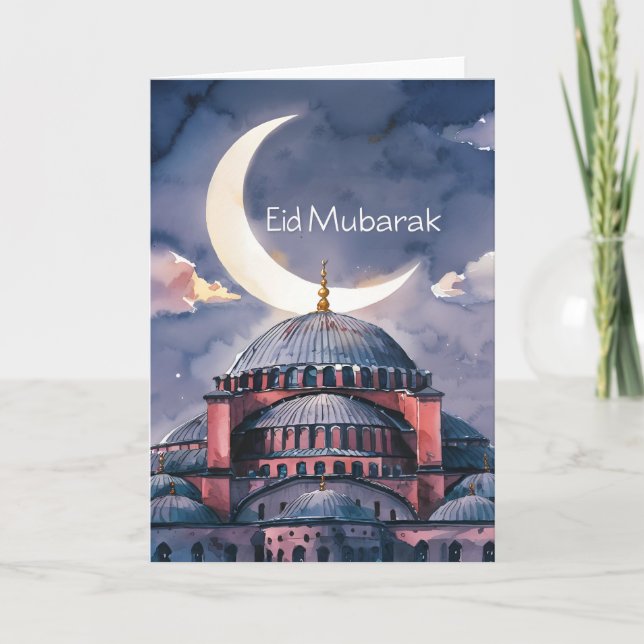 Cartes Pour Fêtes Annuelles Mosquée à l'aquarelle lune Eid Moubarak croissant  (Devant)