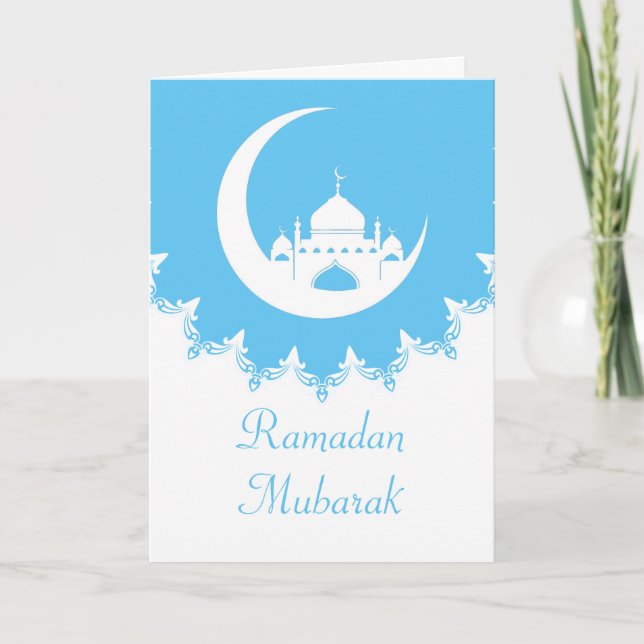 Cartes Pour Fêtes Annuelles Mosquée blanche en Crescent Moon Ramadan bleu (Devant)