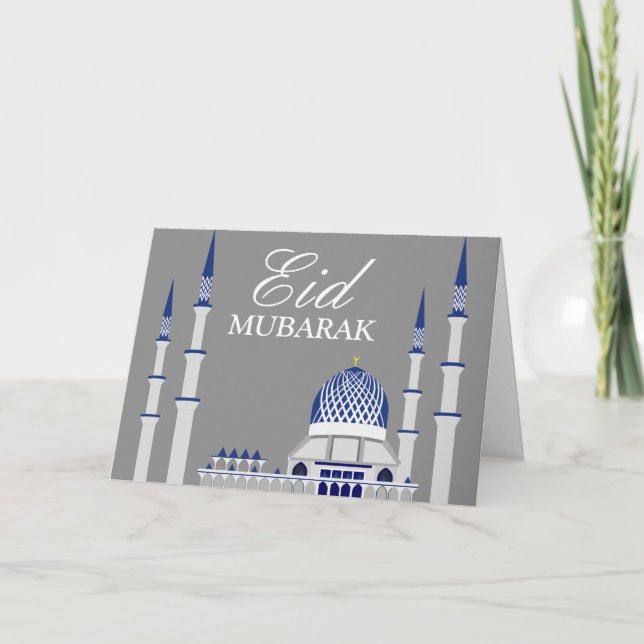 Cartes Pour Fêtes Annuelles Mosquée bleue et blanche élégante Eid Mubarak (Devant)
