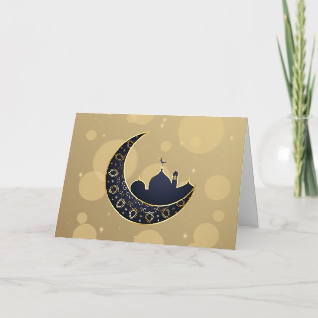 Cartes Pour Fêtes Annuelles Mosquée Croissant Lune Ramadan, bleu, or (Devant)