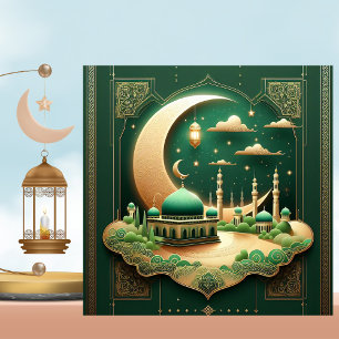 Cartes Pour Fêtes Annuelles Mosquée de l'Aïd Moubarak Croissant Vert Or