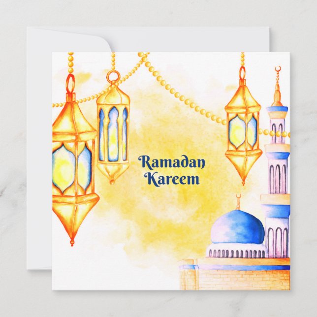 Cartes Pour Fêtes Annuelles Mosquée de l'Aquarelle du Ramadan, étoile et lante (Devant)