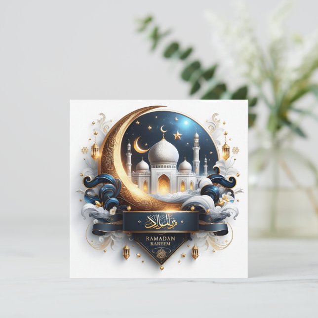 Cartes Pour Fêtes Annuelles Mosquée dorée du Ramadan Eid Croissant de lune ble (Debout devant)