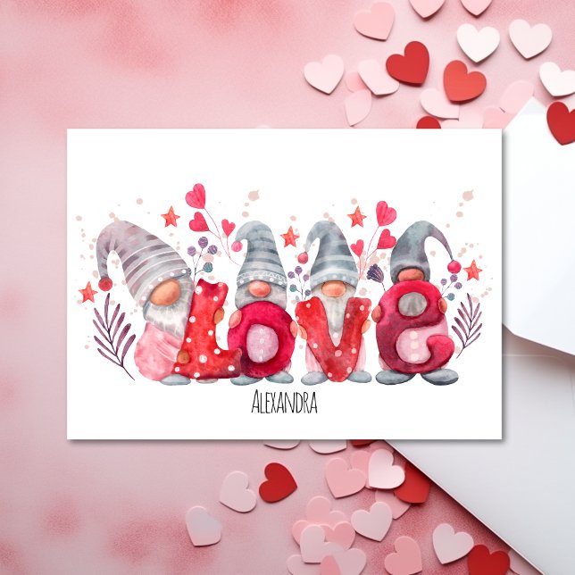 Cartes Pour Fêtes Annuelles Mot d'amour rouge avec aquarelle Gnomes Valentines (Créateur téléchargé)