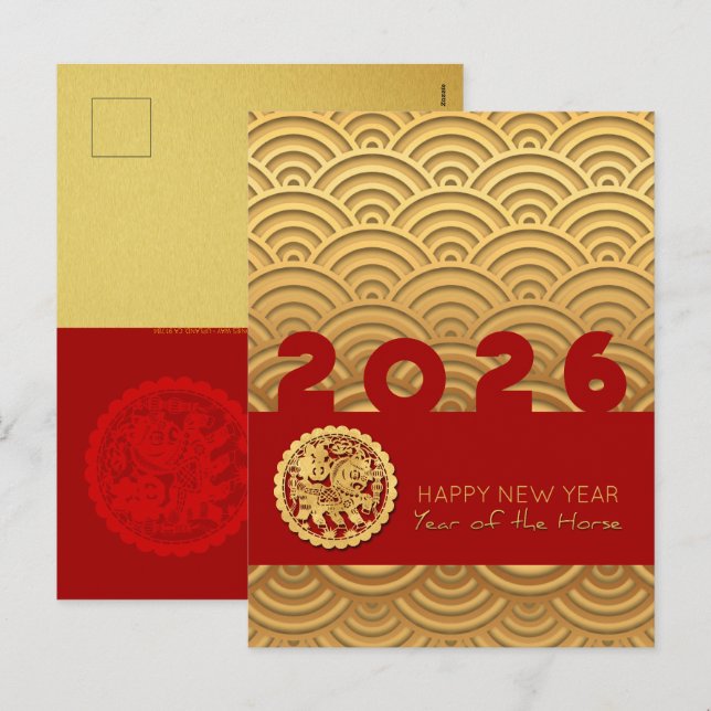 Cartes Pour Fêtes Annuelles Motif asiatique Gold Horse Lunaire Année VHPostC (Devant / Derrière)