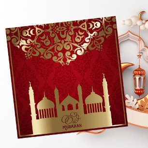 Cartes Pour Fêtes Annuelles Motif d'or de la mosquée Eid al Fitr Mubarak Rouge
