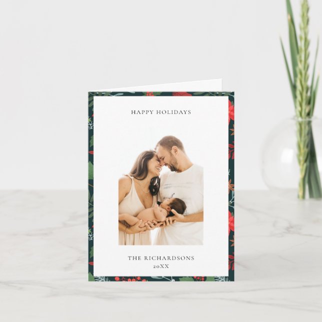 Cartes Pour Fêtes Annuelles Motif floral de Noël Brun Vert Photo Heureux (Devant)