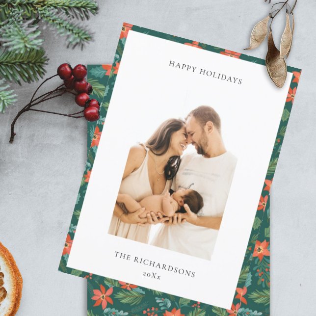 Cartes Pour Fêtes Annuelles Motif floral de Noël vert rouge Photo joyeuse (Créateur téléchargé)