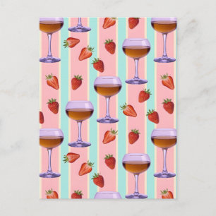 Cartes Pour Fêtes Annuelles Motif pastel avec verres à vin et fraises des prés