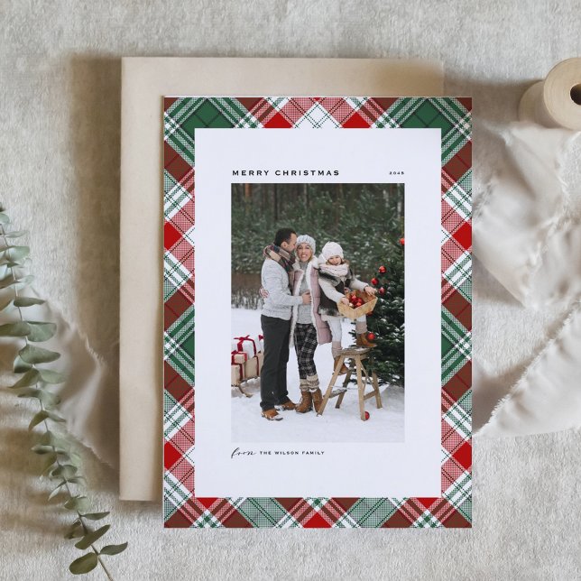 Cartes Pour Fêtes Annuelles Motif vert classique Joyeux Noël photo (Classic Green and Red Plaid Pattern Merry Christmas Photo Holiday Card)
