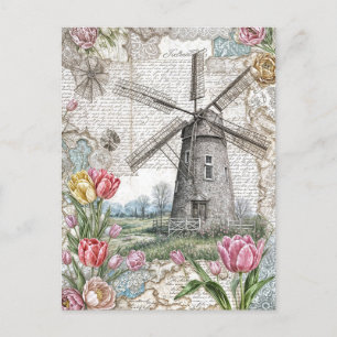 Cartes Pour Fêtes Annuelles Moulin à vent avec tulipes roses