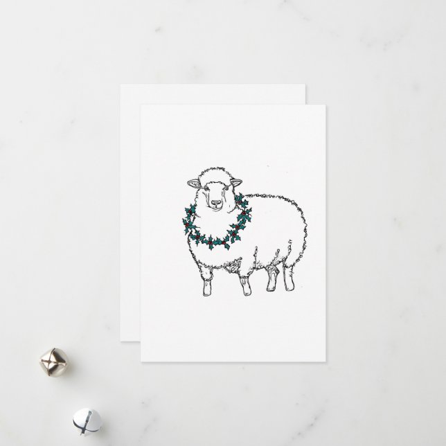 Cartes Pour Fêtes Annuelles Mouton de Noël avec Houx (Devant/Arrière en situation)