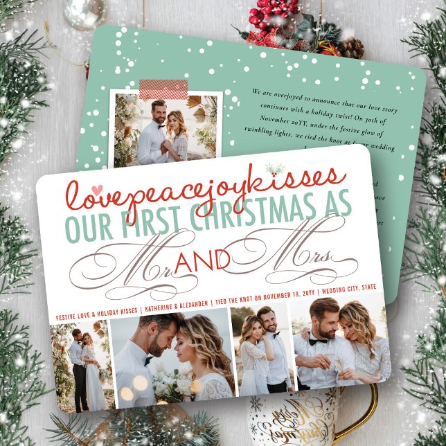 Cartes Pour Fêtes Annuelles Mr. And Mrs First Christmas Photo Collage Mariage (Love Peace Joy Kisses Mr And Mrs First Christmas 4 Photo Collage Wedding Holiday Card @ fat_fa_tin)