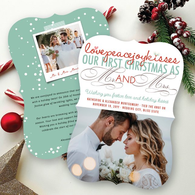 Cartes Pour Fêtes Annuelles Mr & Mrs First Christmas Mistletoes Mariage photo (Love Peace Joy Kisses Mr And Mrs First Christmas 4 Photo Collage Wedding Holiday Card @ fat_fa_tin)