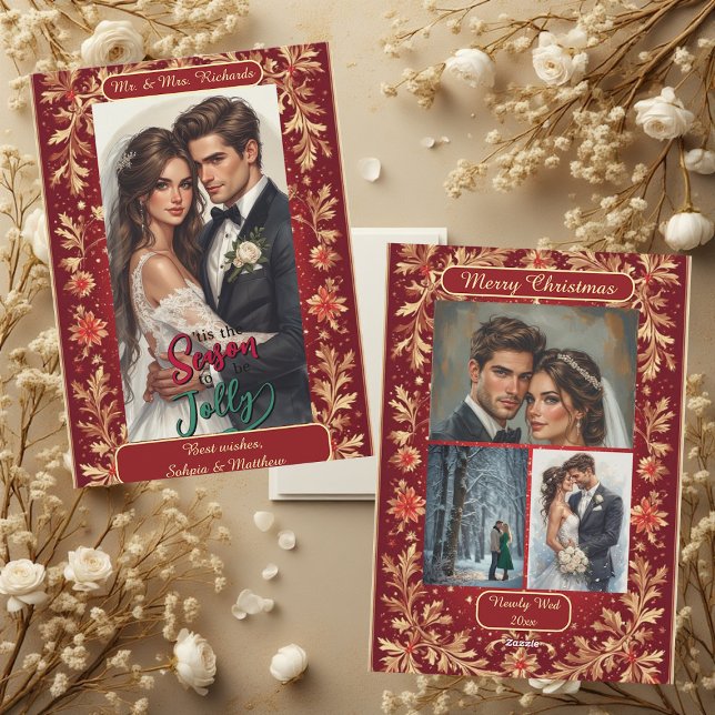 Cartes Pour Fêtes Annuelles Mr & Mrs Newly Wed Christmas Gold Foliage 4 Photos (Mr & Mrs Newly Wed Christmas Gold Foliage 4 Photos Holiday Card)