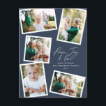 Cartes Pour Fêtes Annuelles Multi photo moderne élégant script marine bleu fêt<br><div class="desc">Moderne minimaliste design multi photo famille décor élégant texte de script paix,  joie et amour Carte de Noël de vacances et invitation de fête. Moderne sur tendance couleur bleu marine peut être changé.</div>