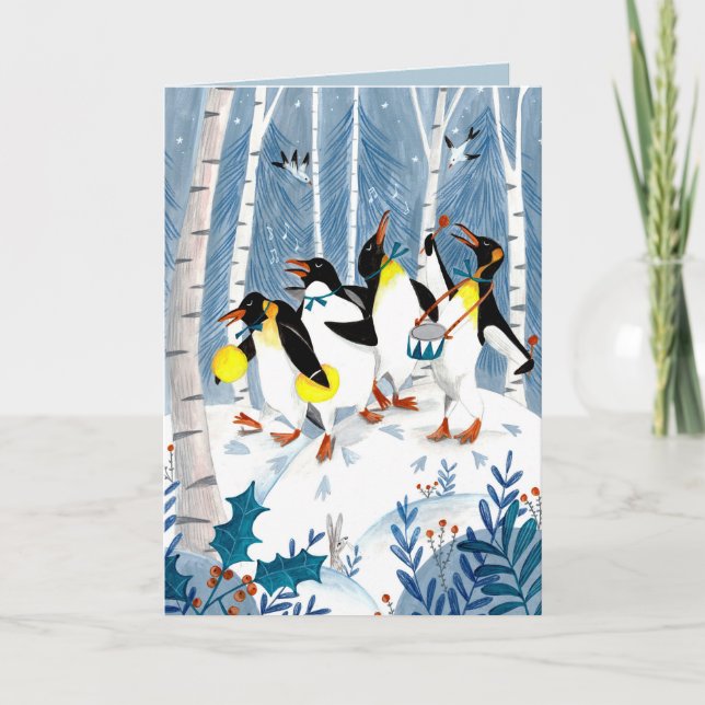 Cartes Pour Fêtes Annuelles Musiciens bleus mignons pingouins neige amusant (Devant)