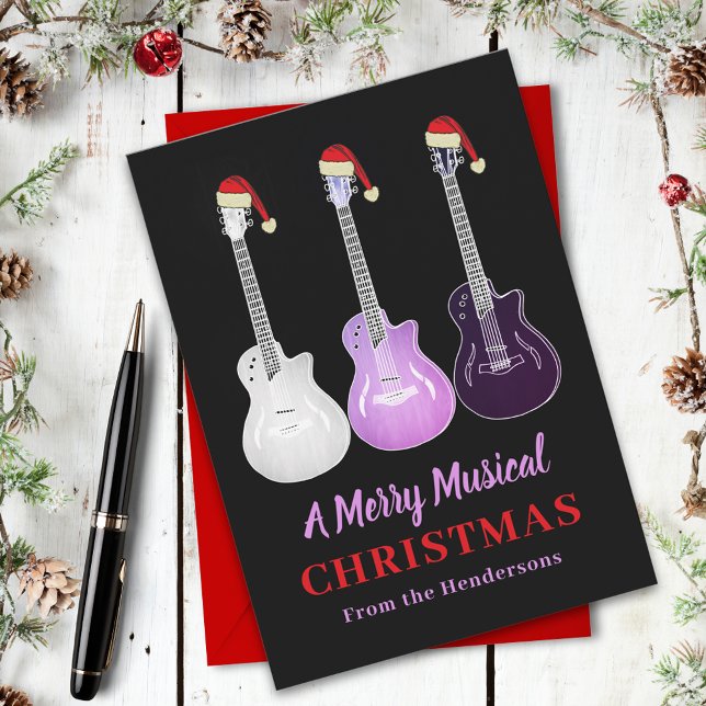 Cartes Pour Fêtes Annuelles Musique de guitare de Noël personnalisée (Personalized merry christmas guitars wearing Santa hats holiday card santa hat pink electric guitars)