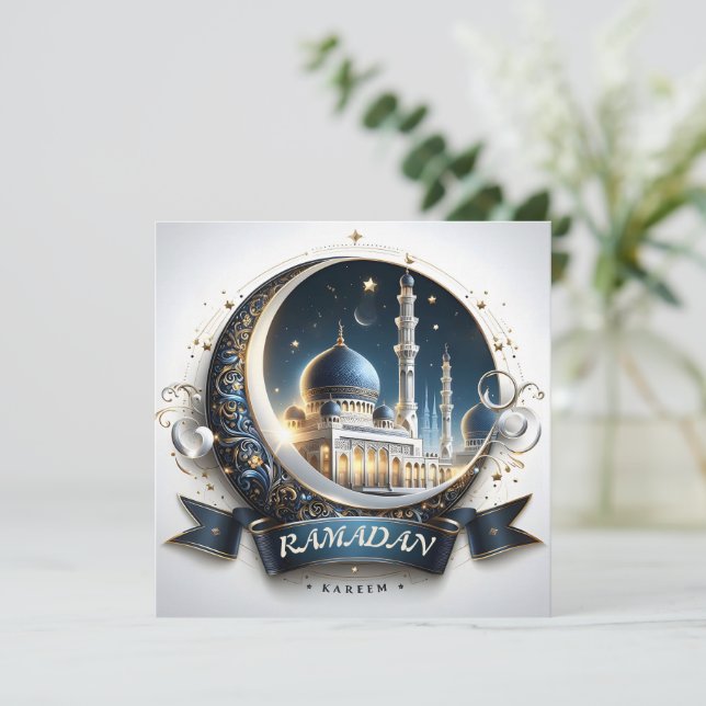 Cartes Pour Fêtes Annuelles Musulman Or Navy Bleu Mosquée Eid Mubarak (Debout devant)