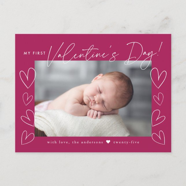 Cartes Pour Fêtes Annuelles My First Valentine's Day Script Fuchsia Photo (Devant)