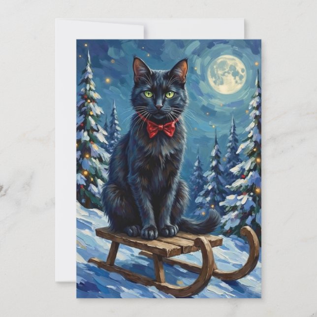 Cartes Pour Fêtes Annuelles Mystical Black Cat Enchanted Winter Sled Christmas (Devant)
