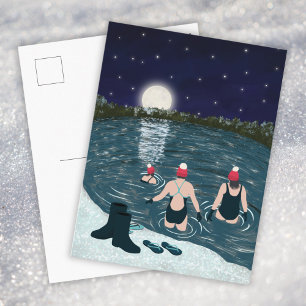 Cartes Pour Fêtes Annuelles Natation en eau libre dans un lac avec Noël enneig