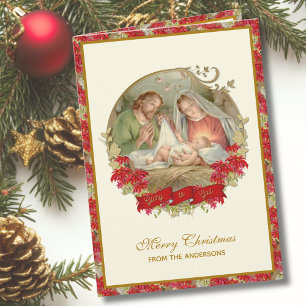 Cartes Pour Fêtes Annuelles Nativité de la Sainte Famille Noël Poinsettia