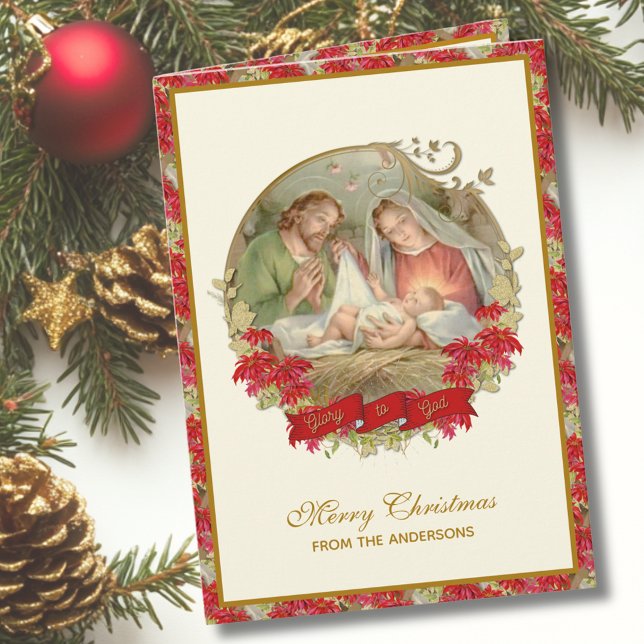 Cartes Pour Fêtes Annuelles Nativité de la Sainte Famille Noël Poinsettia (Créateur téléchargé)