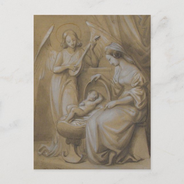 Cartes Pour Fêtes Annuelles Nativité Dessin Vierge Marie Bébé Jésus Ange Crib (Devant)