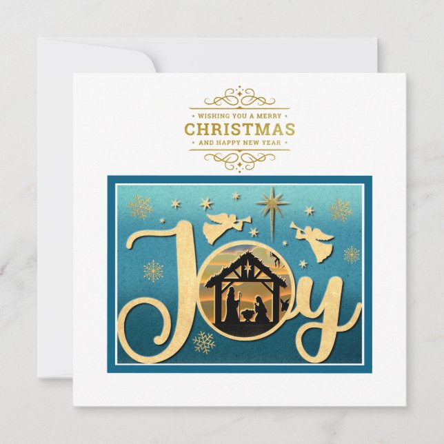 Cartes Pour Fêtes Annuelles Nativité "JOY" d'or moderne Noël Silhouette (Devant)