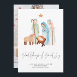 Cartes Pour Fêtes Annuelles Nativité minimaliste Tidings Glad Tidings Great Jo<br><div class="desc">Glad Tidings Great Joy Nativité Carte de vacances Une belle scène de Nativité simple, avec Marie, Joseph et bébé Jésus dans une crèche, et un berger avec ses moutons et une ligne de la carol, Tandis que Shepherds regardait leurs troupeaux par nuit, dans un élégant script set sur un arrière...</div>