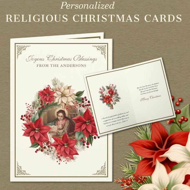 Cartes Pour Fêtes Annuelles Nativité religieuse Joyeux Noël Poinsettias (Personalized Religious Vintage Christmas Cards with Blessed Virgin Mary and Jesus - Red Poinsettias)