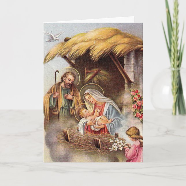 Cartes Pour Fêtes Annuelles Nativité Saint Joseph Vierge Marie Bébé Jésus Ange (Devant)