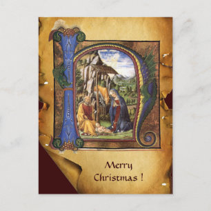 Cartes Pour Fêtes Annuelles NATIVITÉ XMAS PARCHEMENT Sapphire Bleu Monogramme