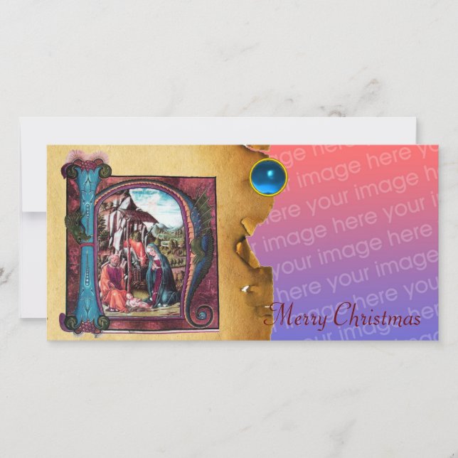 Cartes Pour Fêtes Annuelles NATIVITY MONOGRAM CHRISTMAS PARCHMENT Blue Gem (Devant)