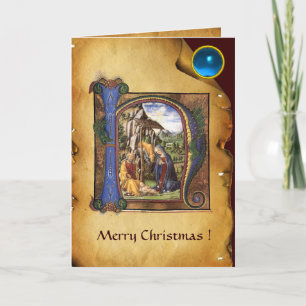 Cartes Pour Fêtes Annuelles NATIVITY MONOGRAM CHRISTMAS PARCHMENT Blue Gem