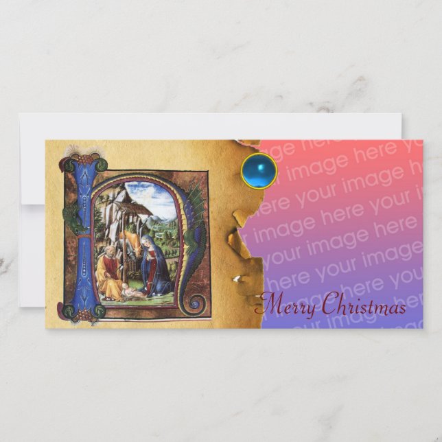 Cartes Pour Fêtes Annuelles NATIVITY MONOGRAM CHRISTMAS PARCHMENT Blue Gem (Devant)