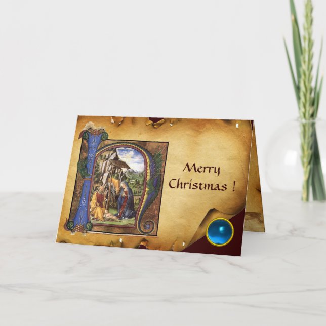 Cartes Pour Fêtes Annuelles NATIVITY MONOGRAM CHRISTMAS PARCHMENT Blue Gem (Devant)