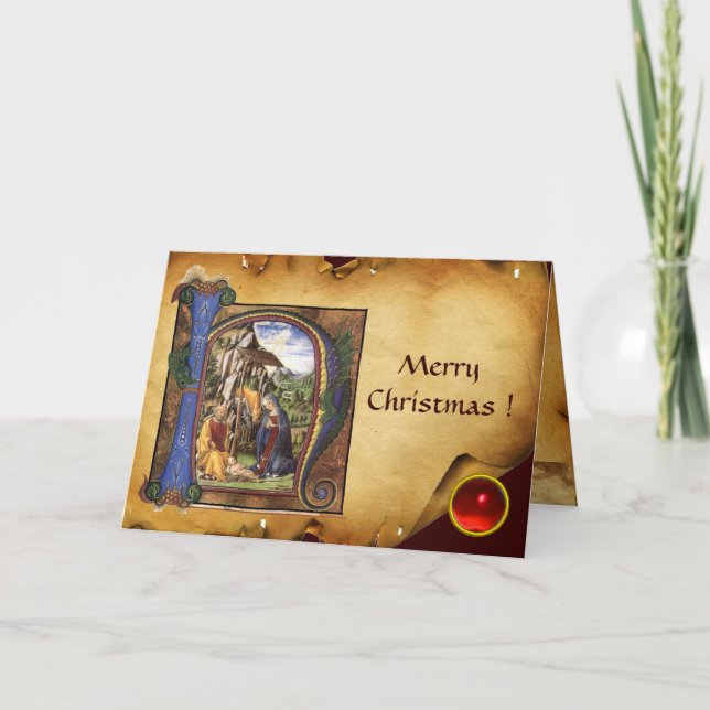 Cartes Pour Fêtes Annuelles NATIVITY MONOGRAM CHRISTMAS PARCHMENT Red Ruby Gem (Devant)