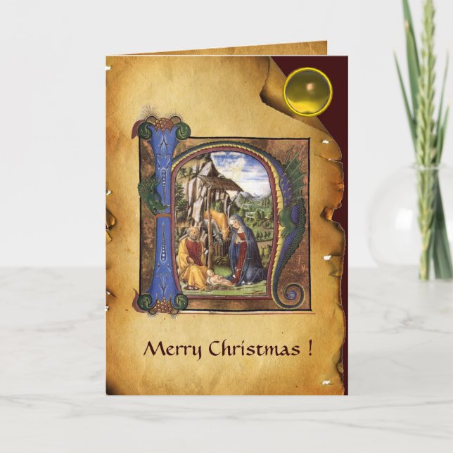 Cartes Pour Fêtes Annuelles NATIVITY MONOGRAM CHRISTMAS PARCHMENT Yellow Gem (Devant)